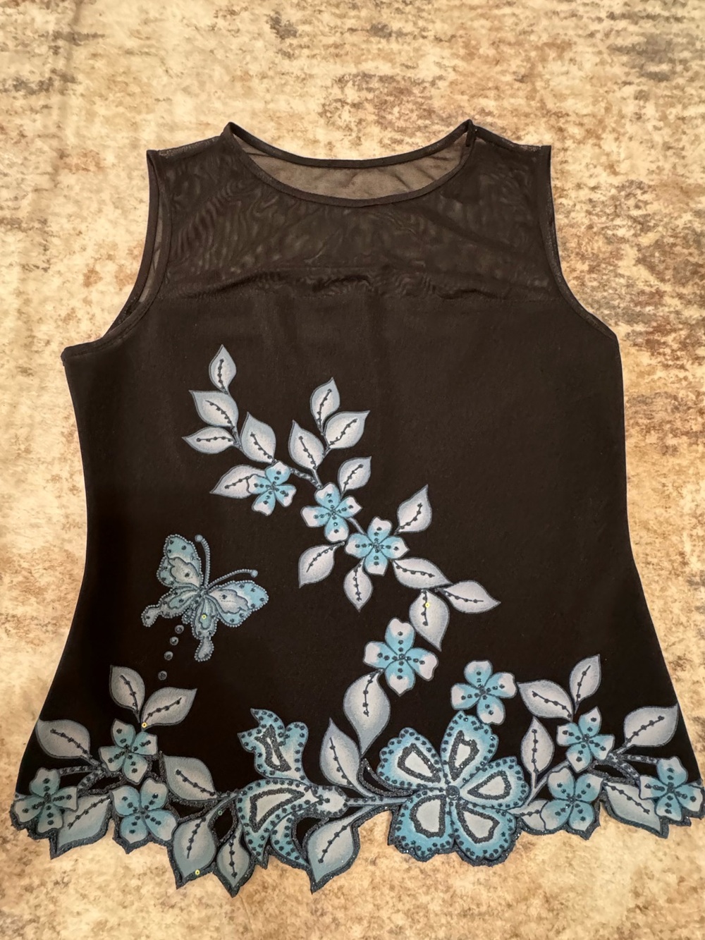 Joseph Ribkoff Floral Butterfly Mesh Illusion Top Blouse Asymmetric Hem